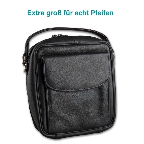 Pfeifentasche 8er Leder schwarz mit Vortasche/Schulterriemen 20x8x23